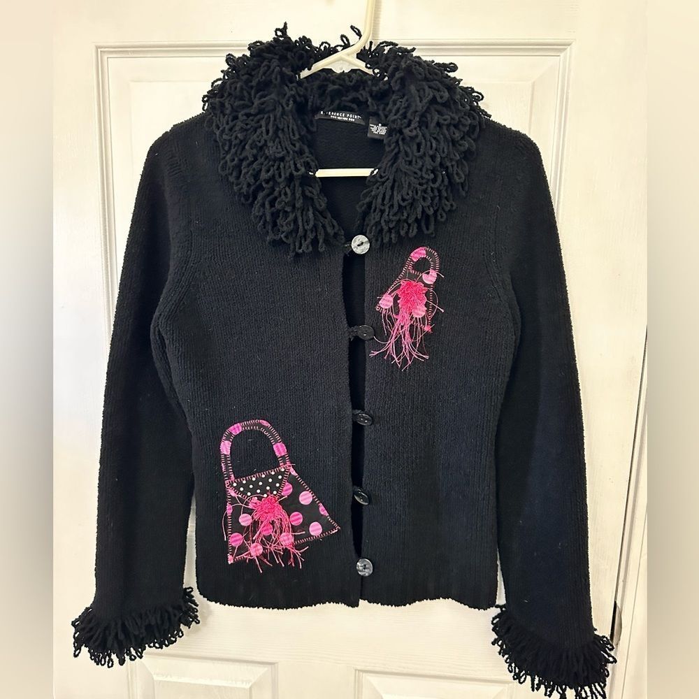 All Points Reference Point Black Pink Cardigan Button Sweater Fringe Trim Small